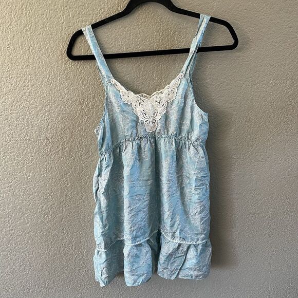 VELVET Mini Dress Womens Small Blue Silk Babydoll Crochet Boho Floral  Fairycore - Picture 2 of 10
